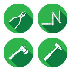 Tool icons set. Axe, hammer, zigzag folding rule, pliers. Repair, measuring instrument, fix carpenters work symbol. Round circle flat icon with long shadow. Vector