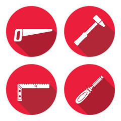 Tool icons set. Saw, hammer, chisel, angle. Repair, measuring instrument, fix carpenters work symbol. Round circle flat icon with long shadow. Vector