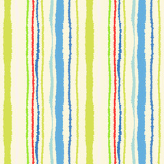 Seamless strip pattern. Vertical lines with torn paper effect. Shred edge texture. White, blue, olive, red colored background. Spring theme. Vector