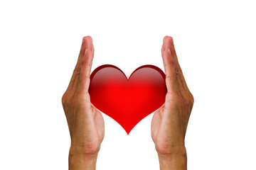 Man's hands holding red heart on white background