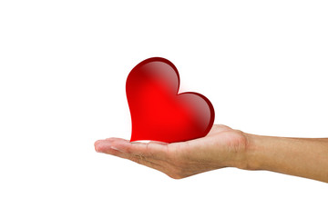 Man's hand holding red heart on white background