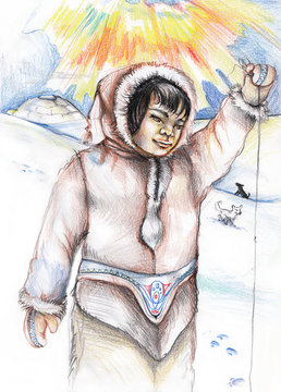 Eskimo Inuit Mädchen beim Angeln - Zeichnung Buntstift