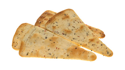 Seasoned pizza crust chips on a white background.