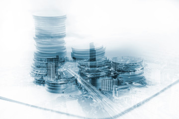 Double exposure of set coin on book-bank  blue tone, Concept business and financial