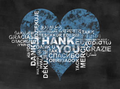 Thank You, Thanks In Different Languages, Word Cloud On Backboard With Blue Heart