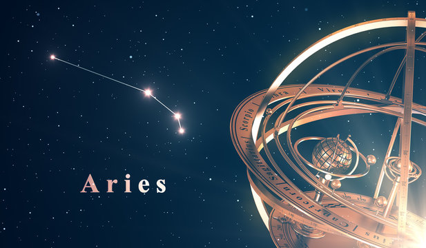 Zodiac Constellation Aries And Armillary Sphere Over Blue Background