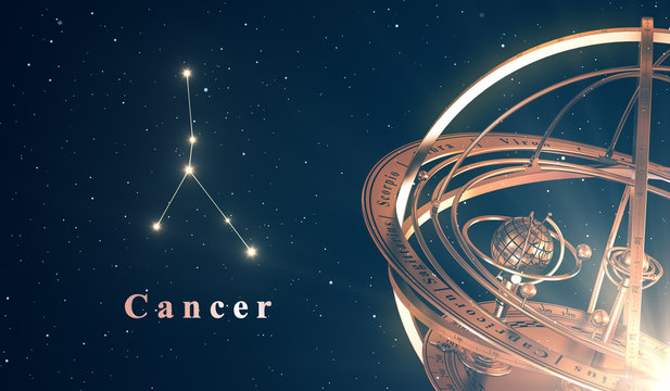 Zodiac Constellation Cancer And Armillary Sphere Over Blue Background
