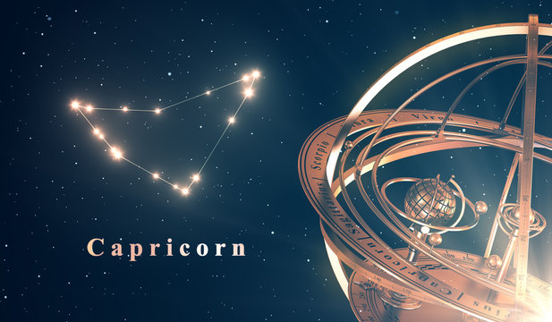 Zodiac Constellation Capricorn And Armillary Sphere Over Blue Background
