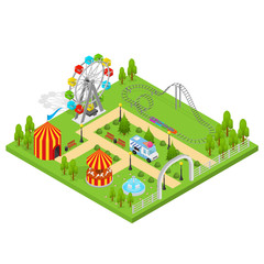 Amusement Park Isometric View. Vector