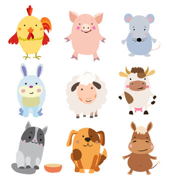 Vector Set of Cute Farm Animals and Pets Isolated on White.