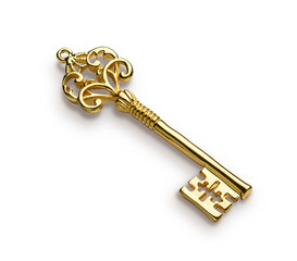 Gold skeleton key isolated on white background