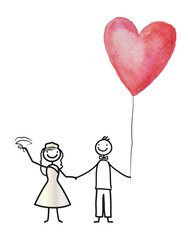 Brautpaar mit Herzluftballon, Glücklich verheiratet und bereit für die Flitterwochen, Strichfigur