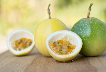 Passion fruits on wooden background,Fresh Passion fruit on on wooden background,