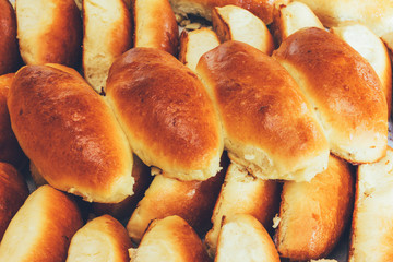 pile of homemade cakes with filling close-up view from above