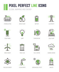 Global warming and energy line icons