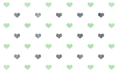 Watercolor mint and acryl silver hearts on white background pattern.