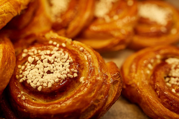 close up of buns at bakery or grocery store