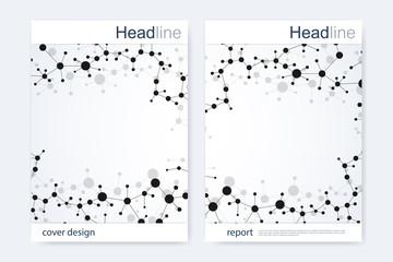 Scientific brochure design template. Vector flyer layout, Molecular structure with connected lines and dots. Scientific pattern atom DNA with elements for magazine, leaflet, cover, poster design.
