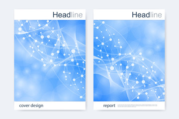 Scientific brochure design template. Vector flyer layout, Molecular structure with connected lines and dots. Scientific pattern atom DNA with elements for magazine, leaflet, cover, poster design.