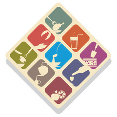 Vector illustration of nine flat icons - silhouettes depicting food and service
