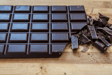 Dark chocolate on a wooden board. Background, texture 