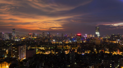 Fototapeta na wymiar Aerial view of Hanoi skyline at West Lake ( Ho Tay in Vietnamese), at twilight