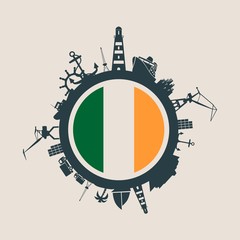 Circle with sea shipping and travel relative silhouettes. Vector illustration. Objects located around the circle. Industrial design background. Ireland flag in the center.