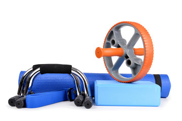 Yoga equipment isolated on a white background.