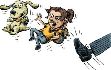A cartoon foot wearing a dress shoe kicks a girl and her dog out.