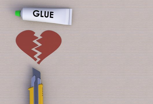 Tear on broken heart with knife on wooden background, 3D rendering
