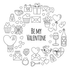 Valentine Day Vector pattern with heart, cake, balloon For invitations, coloring books, sale etc
