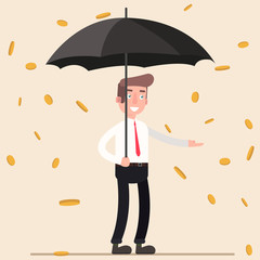 Cute Cartoon Office Worker with Umbrella Standing Under the Rain of Golden Coins.