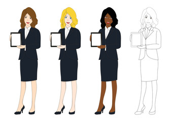 Fototapeta premium Set Cute Business Woman Presentation Tablet. Full Body Vector Illustration isolated on White Background