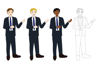 Set Handsome Business Man Presentation with Hand Pointing. Full Body Vector Illustration isolated on White Background