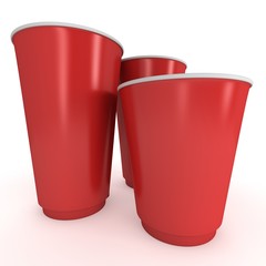 Disposable drink cups. Red paper mug. 3d render isolated on white background