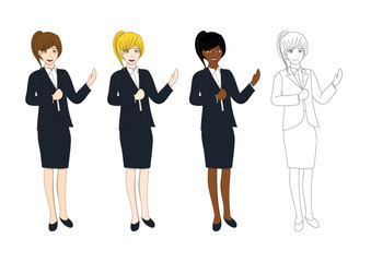 Set Cute Business Woman Presentation with Hand Pointing. Full Body Vector Illustration isolated on White Background