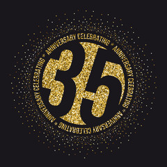 Thirty five years anniversary golden celebration logotype. 35th anniversary gold logo.
