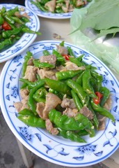 Fried green pepper with pork closeup in Taiwan