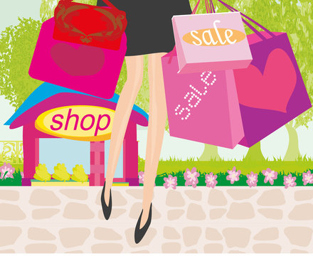 Shopping girl sale card, close-up of legs