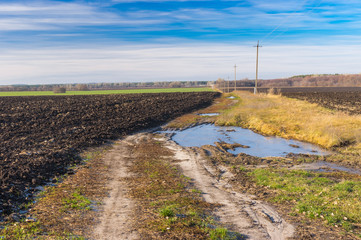 Fototapeta na wymiar Landscape with agricultural fields and dirty road at sunny November day in Poltavskaya oblast, Ukraine