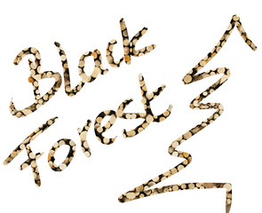 Das Wort Black Forest und Baum mit Holz ausgefüllt