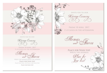 Set of two templates for cards or invitations.Soft pink. Vector illustration. Composition of flowers, leaves and berries. Pointillism style.