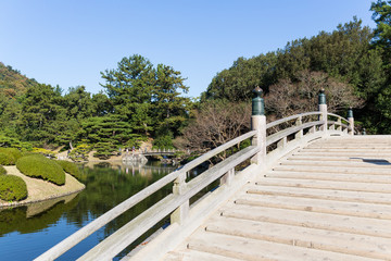 Wooden bridge in Ritsurin Garden