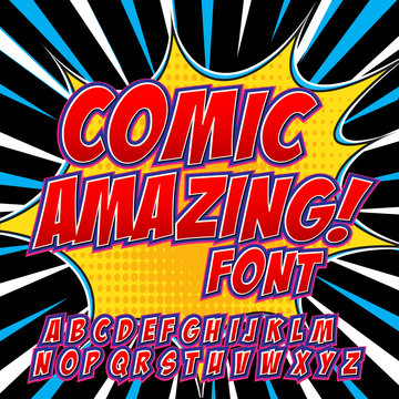 Creative high detail comic font. Alphabet of comics, pop art.