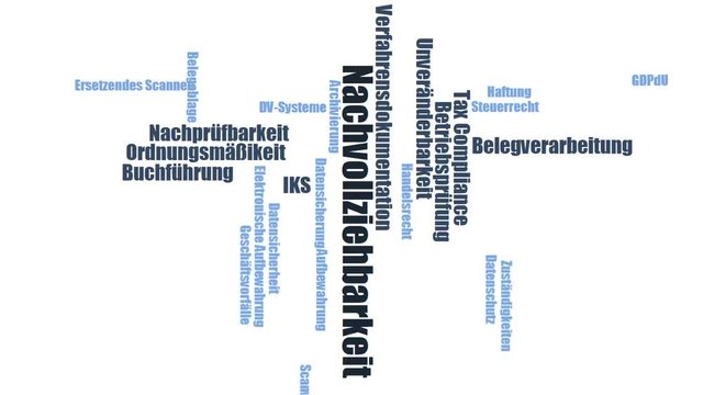 Nachvollziehbarkeit - Wortwolke ( word cloud, wordcloud ) mit Begriffen aus dem Bereich GoBD Verfahrensdokumentation.