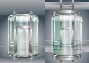 Glass modern elevator cylindrical shape with a transparent glass. Vector graphics © denisik11