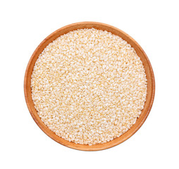 white sesame in wooden bowl on white background