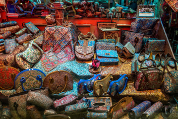 Shop window with persian bags and shoes in Yazd city, Iran