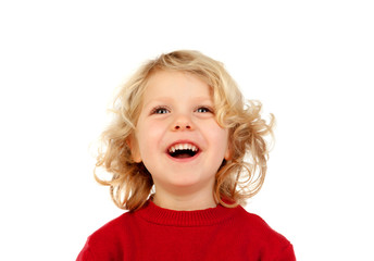 Portrait of playful small kid with long blond hair looking up