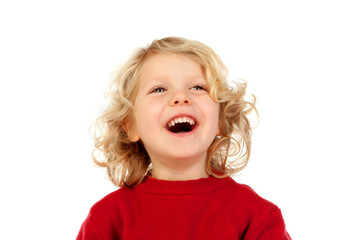 Portrait of playful small kid with long blond hair looking up